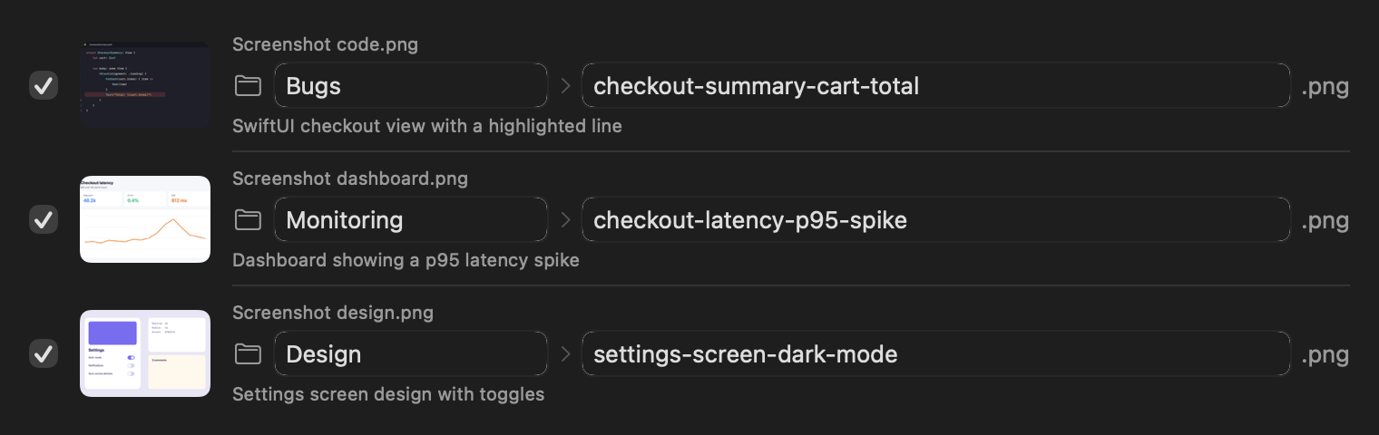A review list: three screenshots with suggested folders Bugs, Monitoring and Design, and descriptive new names