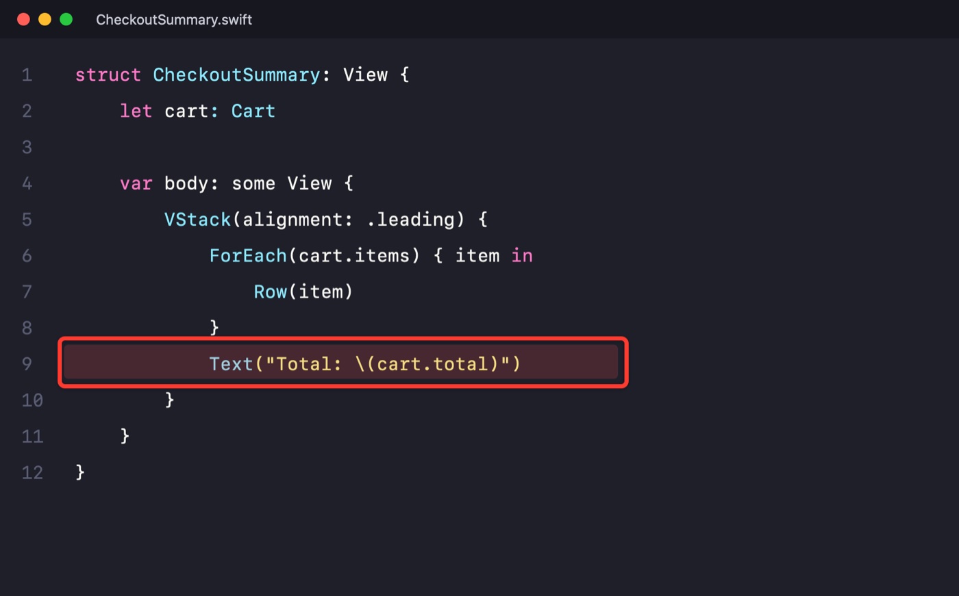 The same code with a red box around one line