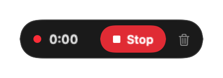 The recording bar: a red dot, the time, a Stop button and a bin