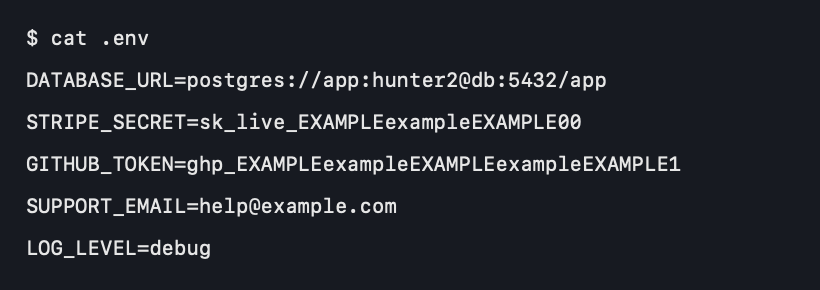 A terminal showing a .env file with a database password, Stripe key, GitHub token and email